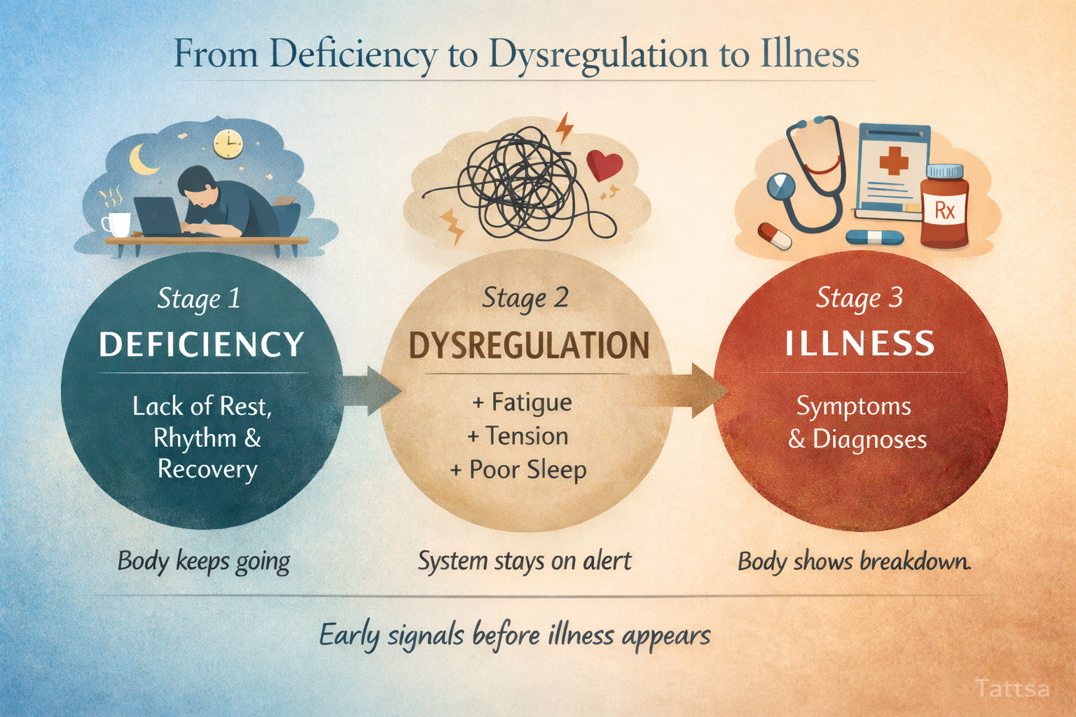 Infographic showing how modern lifestyle leads from deficiency to dysregulation and eventually illness, highlighting lack of rest, fatigue, poor sleep, and early warning signs before symptoms appear.