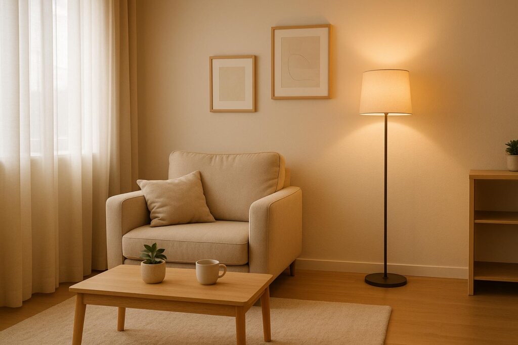 A softly lit, minimal therapy room with a beige armchair, floor lamp, wooden table, and filtered daylight through sheer curtains.