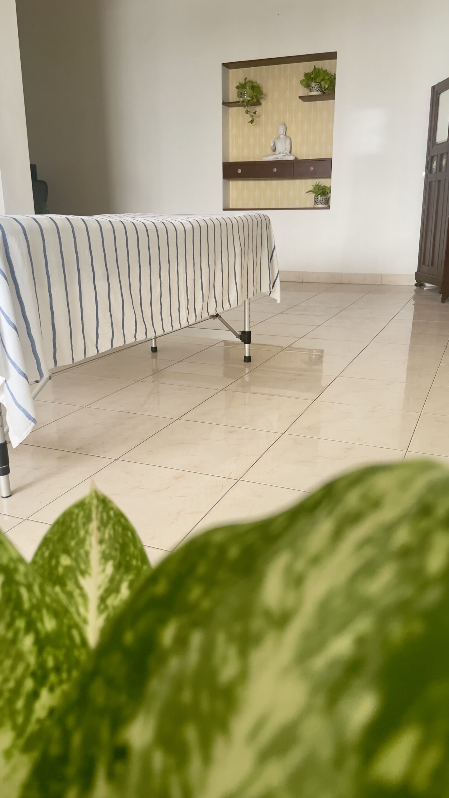 The Space We Keep at Tattsa Treatment space at Tattsa in Chennai with natural light, plants, and a craniosacral therapy table arranged in a calm minimalist setting.