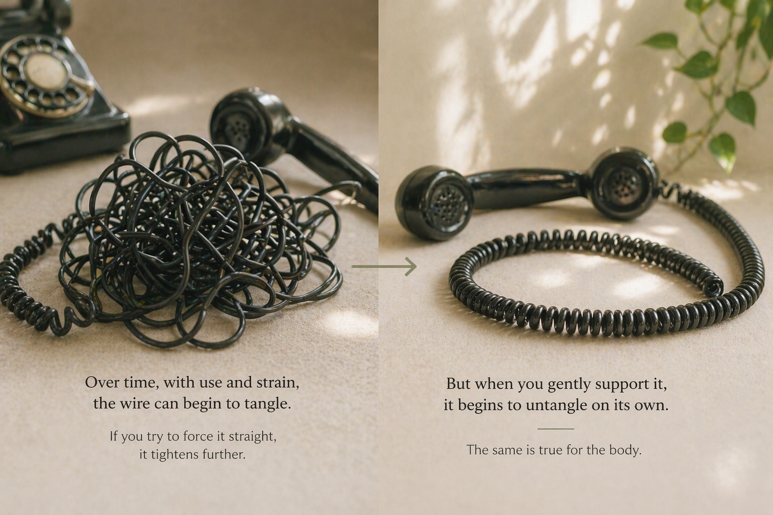 Fascia and body holding tension metaphor Tangled and untangled vintage telephone cord illustrating how the body holds tension and gently releases over time