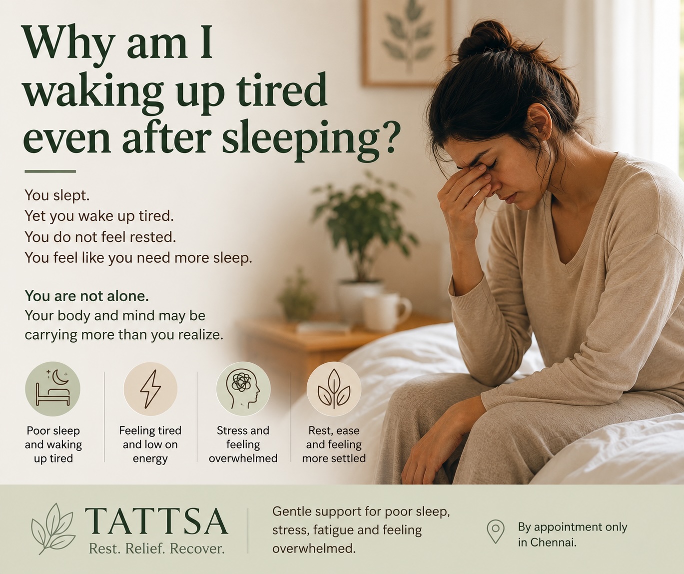 Why Am I Waking Up Tired Even After Sleeping? | Poor Sleep, Stress & Fatigue | Tattsa Chennai Illustration of a tired woman sitting on her bed, highlighting poor sleep, waking up tired despite sleeping, stress, fatigue and feeling overwhelmed, with information about support available at Tattsa in Chennai.